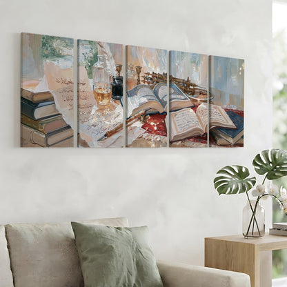 a cozy living room with a large painting of a bookshelf and various objects, including books, bottles, and a vase, hanging on the wall.