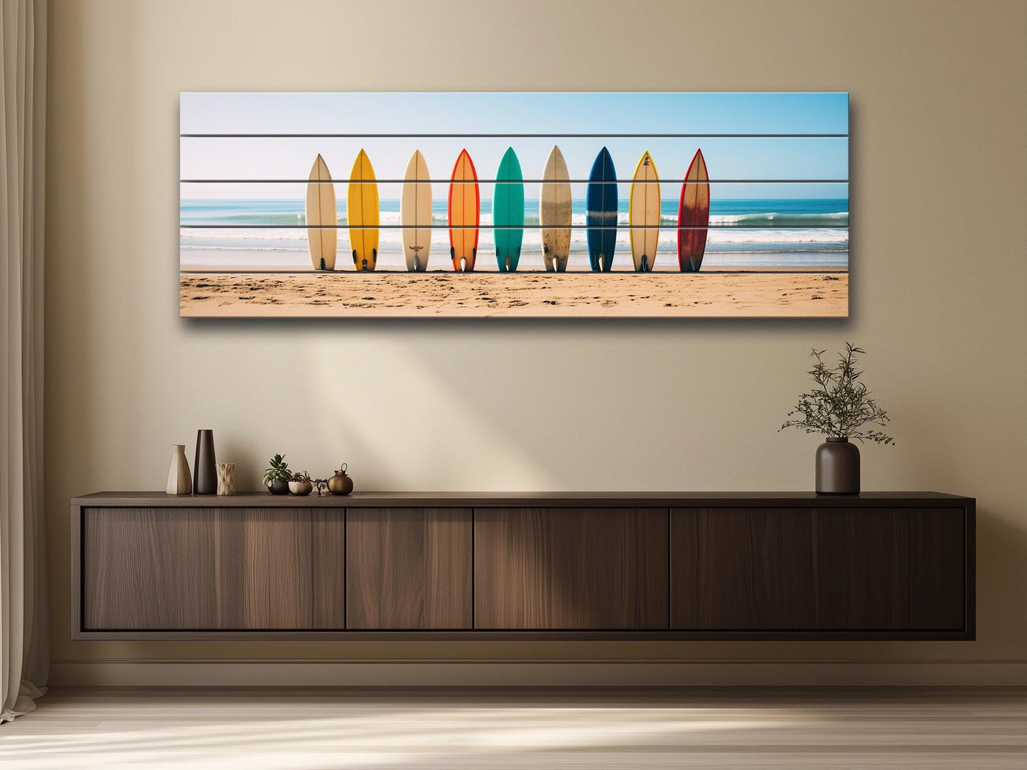 A Row Of Surfboards Print On Natural Wood