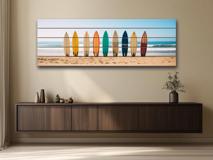 A Row Of Surfboards Print On Natural Wood