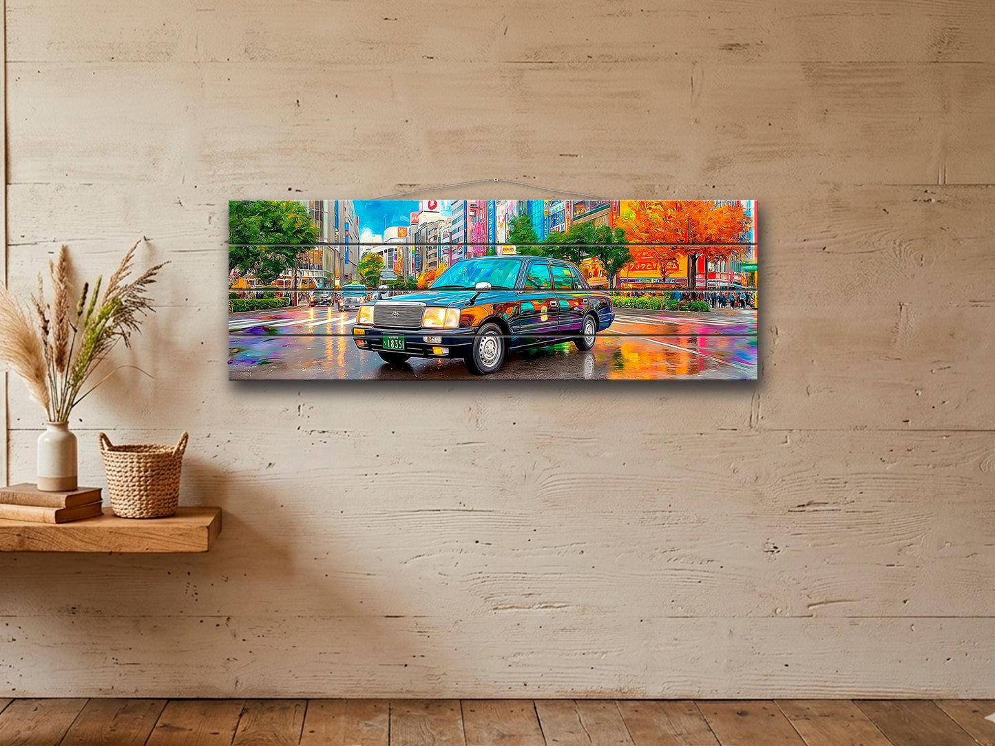 Tokyo Taxi Wood Art, Japanese Street Print