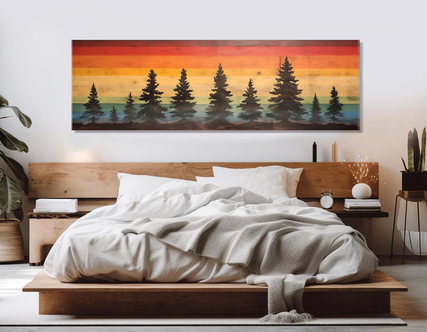 Rainbow Sunset Canvas Print – Retro Style Pine Trees Wall Art, Ready to Hang