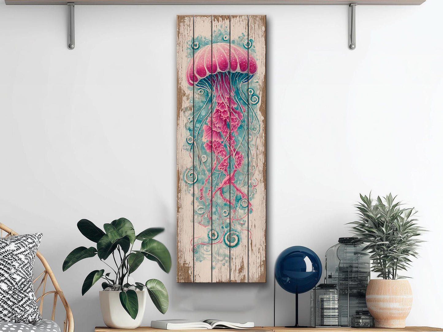 Jellyfish Wood Art – Nautical Wall Art Printed on Natural Wood with Soft Tones