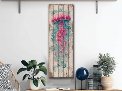 Jellyfish Wood Art – Nautical Wall Art Printed on Natural Wood with Soft Tones