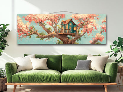 Wood Wall Art – Whimsical Treehouse Painting on Natural Wood Print | Rustic Cabin Decor