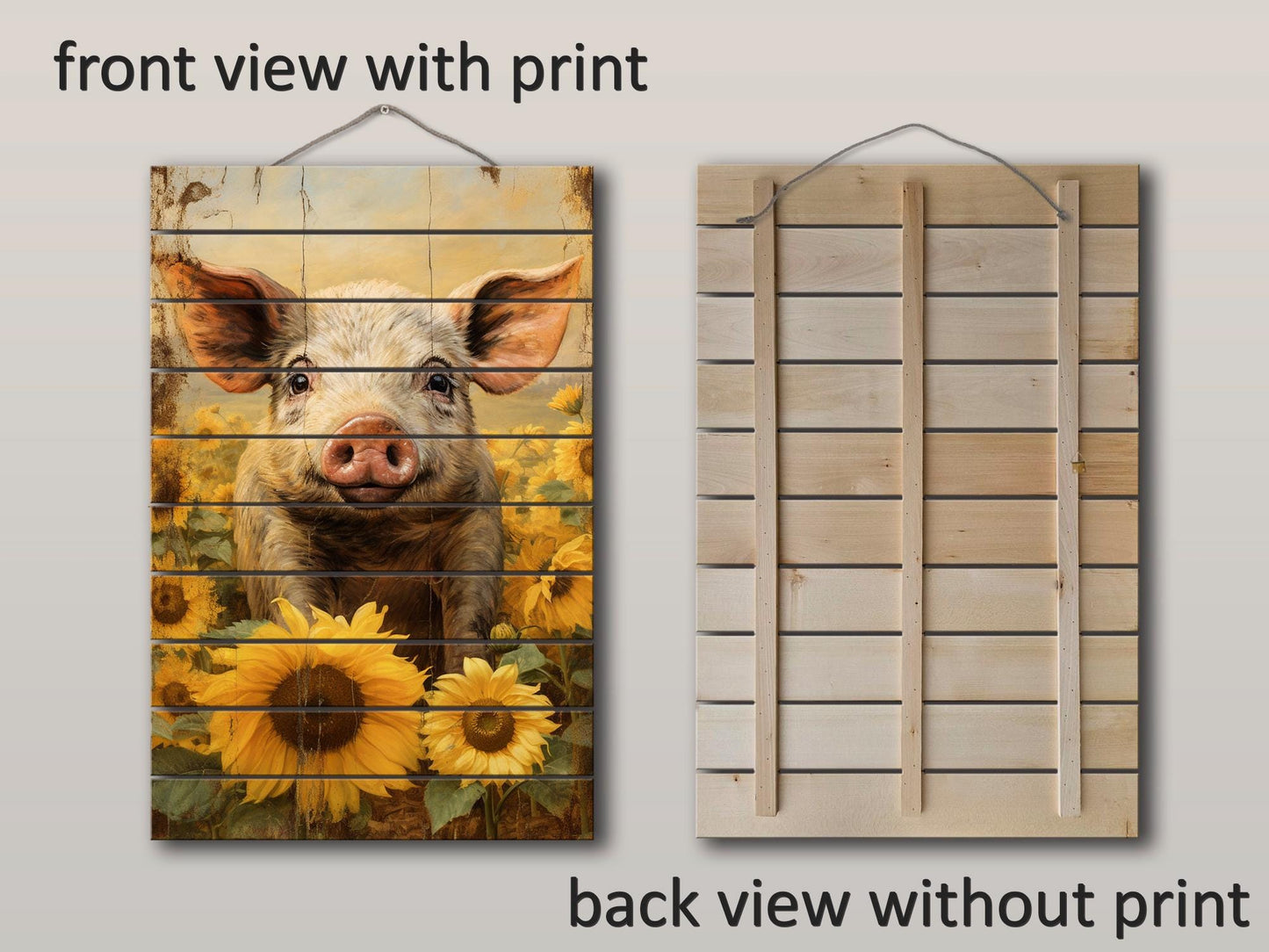 Rustic Wooden Wall Art – Pig In Sunflower Field Wood Plank Print With Fade Resistant Colors