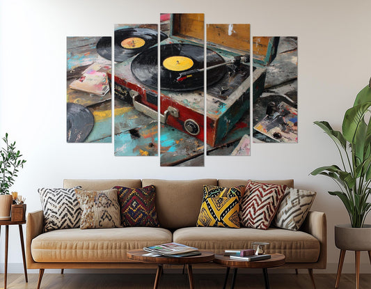 Retro Record Player Wall Art – Vintage Turntable Painting on Gallery Wrapped Canvas Print
