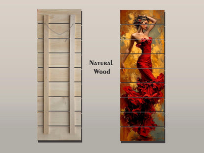 Elegant Woman in Red Dress Print on Wood – Lady in Red Oil Painting Style