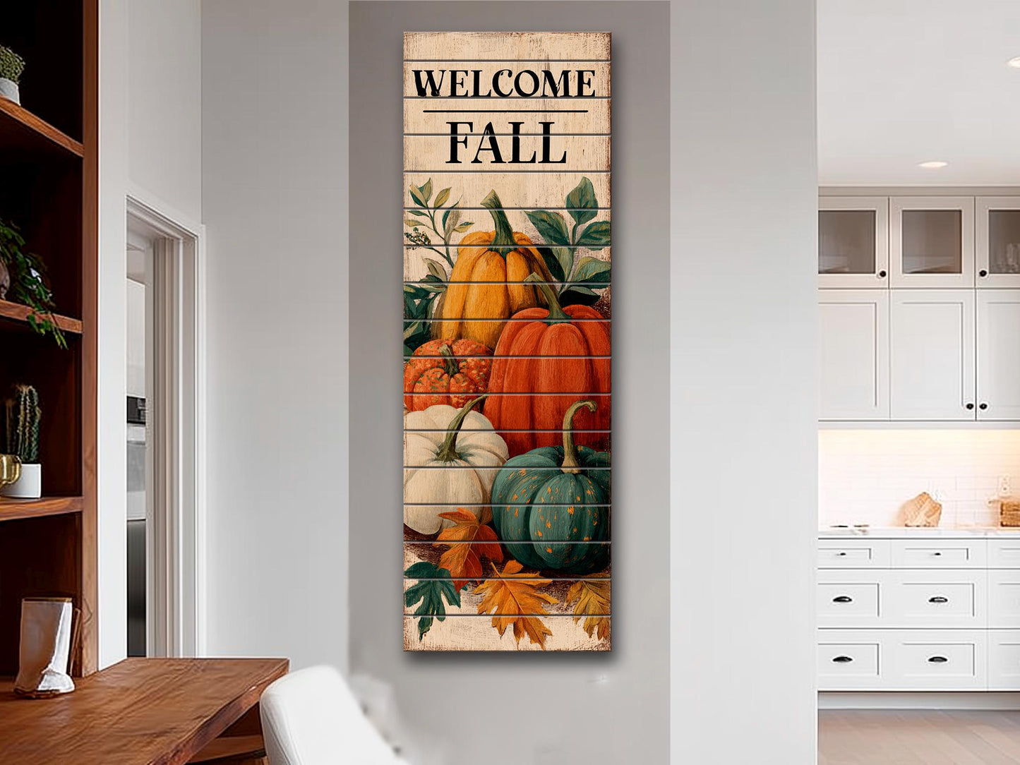 Rustic Wood Wall Art – Welcome Fall Sign with Hand Painted Pumpkins & Cozy Autumn Decor