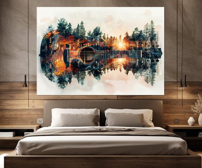 Abstract Guitar Canvas Print – Forest Background Art | Ready to Hang, Framed Guitar Painting