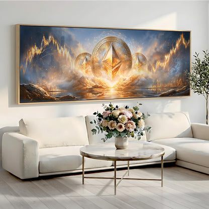 a large, colorful painting of a fantastical landscape with a central diamond-shaped element surrounded by flames and clouds. The painting is displayed on a wall above a white sofa and a round coffee table with a vase of flowers.