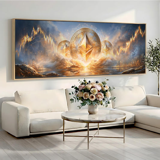 a large, colorful painting of a fantastical landscape with a central diamond-shaped element surrounded by flames and clouds. The painting is displayed on a wall above a white sofa and a round coffee table with a vase of flowers.