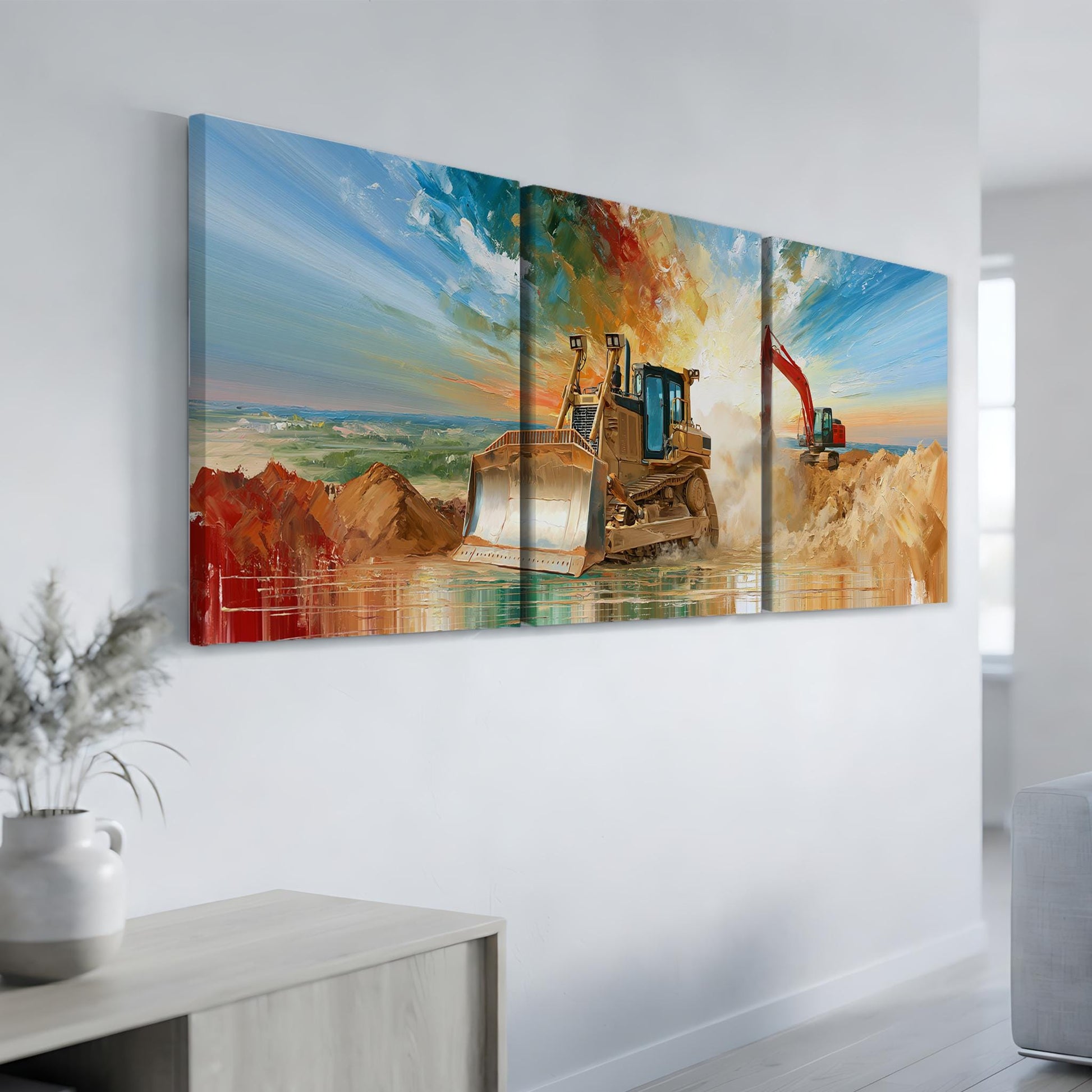 The image is a triptych painting depicting a bulldozer on a construction site, with a serene landscape in the background.