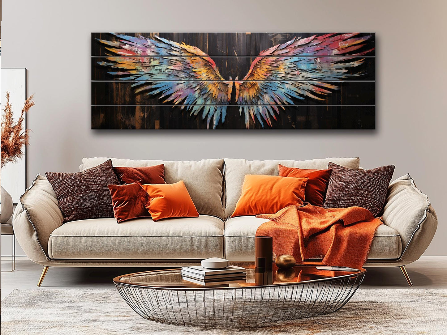 Wings Print Wood - Colorful Abstract Wings on Natural Wood | Rustic Wall Art