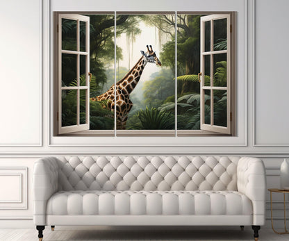 Jungle Window Canvas - African Wall Art Framed Canvas Print With Giraffe View