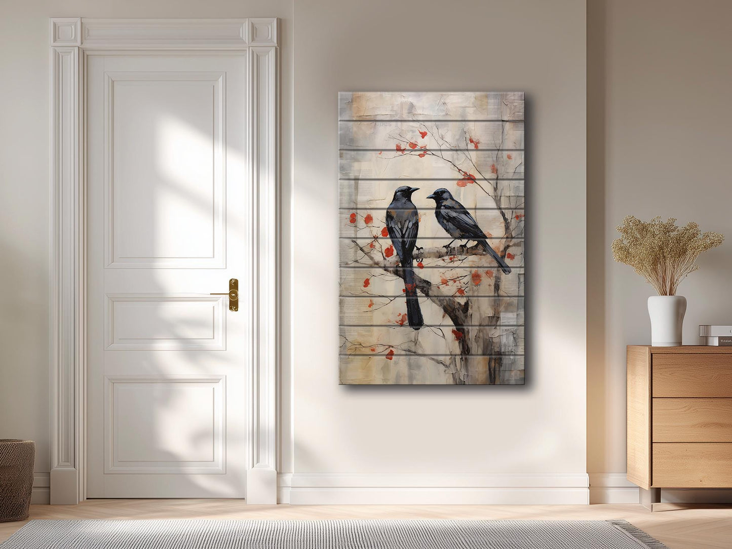 Vintage Crow Art Print – Rustic Wildlife Wall Art On Natural Wood Planks