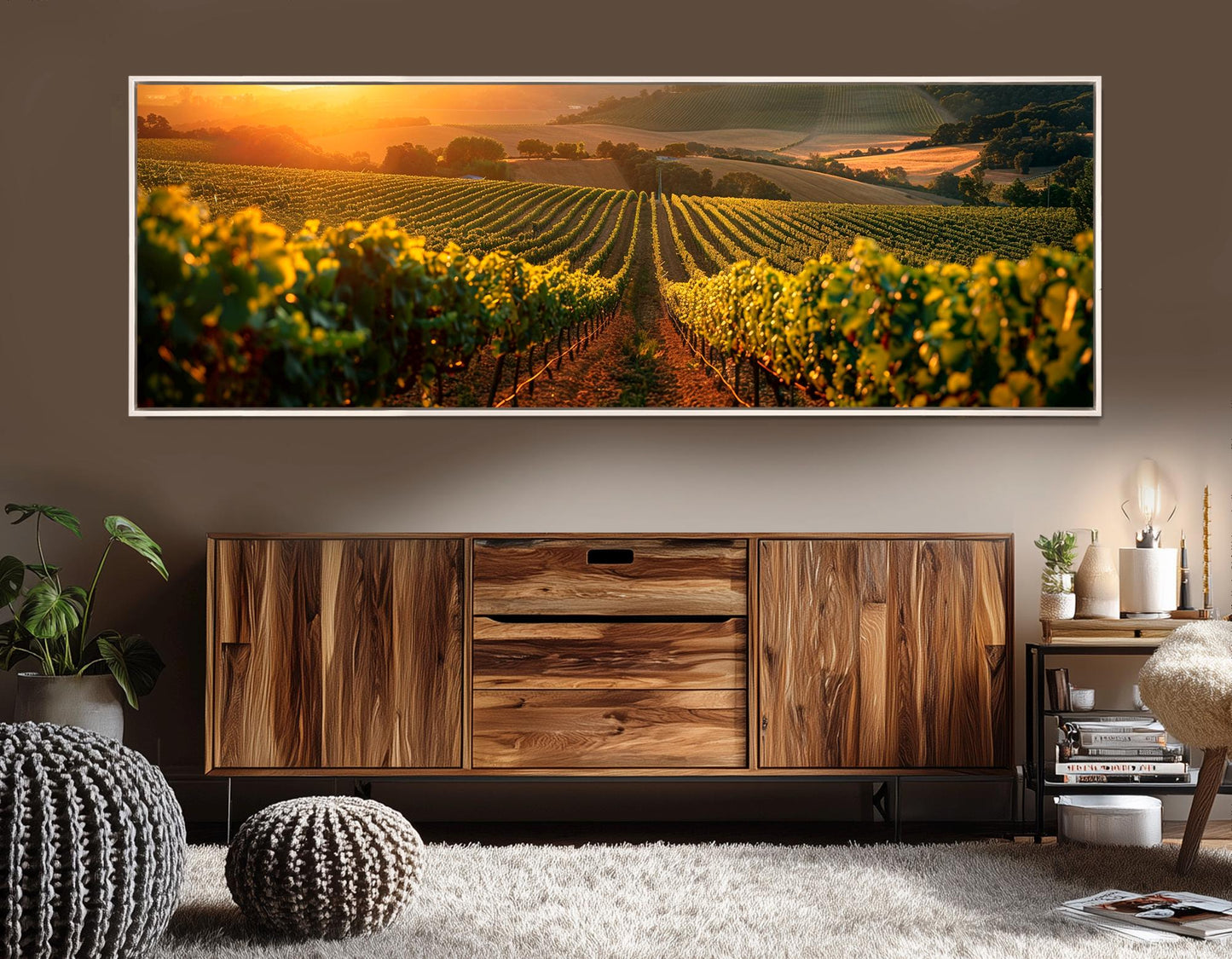 Vineyard Canvas Print – Warm Golden Vineyard Rustic Farmhouse Wall Art, Framed Canvas