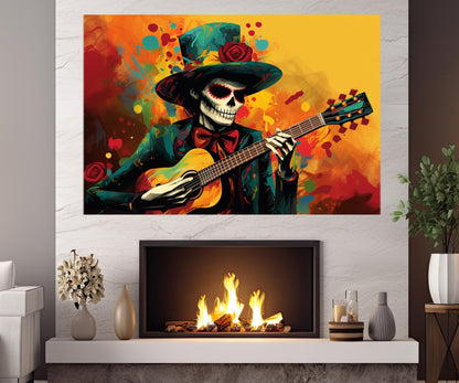 Skeleton with Guitar Canvas Print, Mexican Music Wall Art, Framed and Ready to Hang