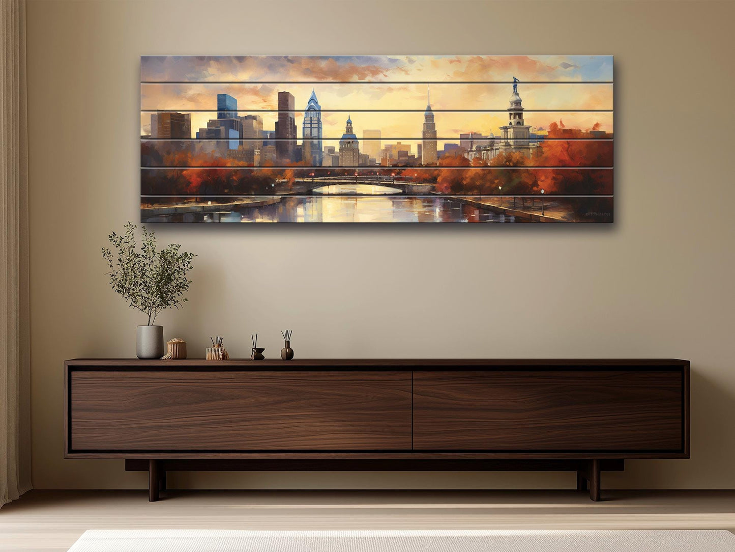Philadelphia Wood Wall Art – Rustic Abstract Skyline Print on Natural Wood Grain