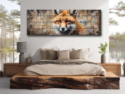 Fox Print Wood - Rustic Wood Art | Woodland Wall Decor With Beige Forest Painting