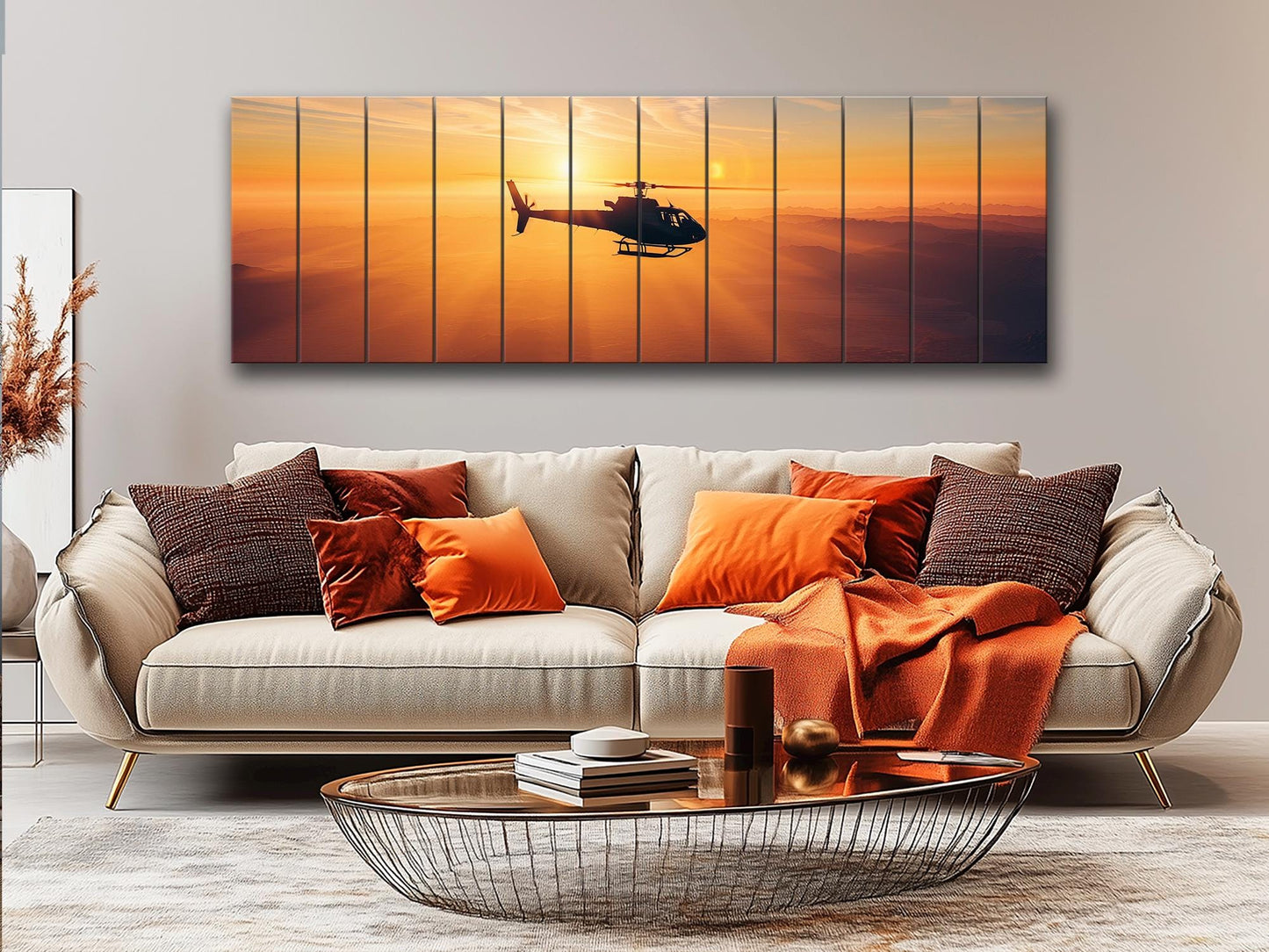 Helicopter Wall Art - Sunset Helicopter Print on Natural Wood | Ready to Hang Rustic Decor