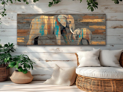Wood Wall Art - Mother Elephant with Her Calf Print on Natural Wood, Elephants Wall Art, Rustic Elephants Painting, Country Wall Art