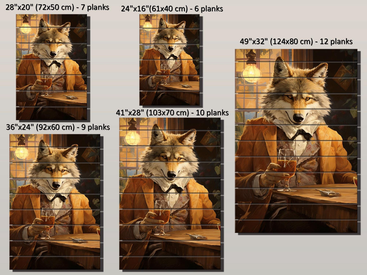 Wood Bar Wall Art – Wolf Bartender Artwork on Natural Wood Plank Print