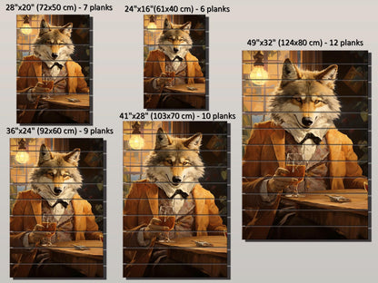 Wood Bar Wall Art – Wolf Bartender Artwork on Natural Wood Plank Print