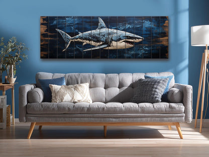 Rustic Shark Painting – Natural Wood Art Print | Coastal Home Decor, Ready to Hang