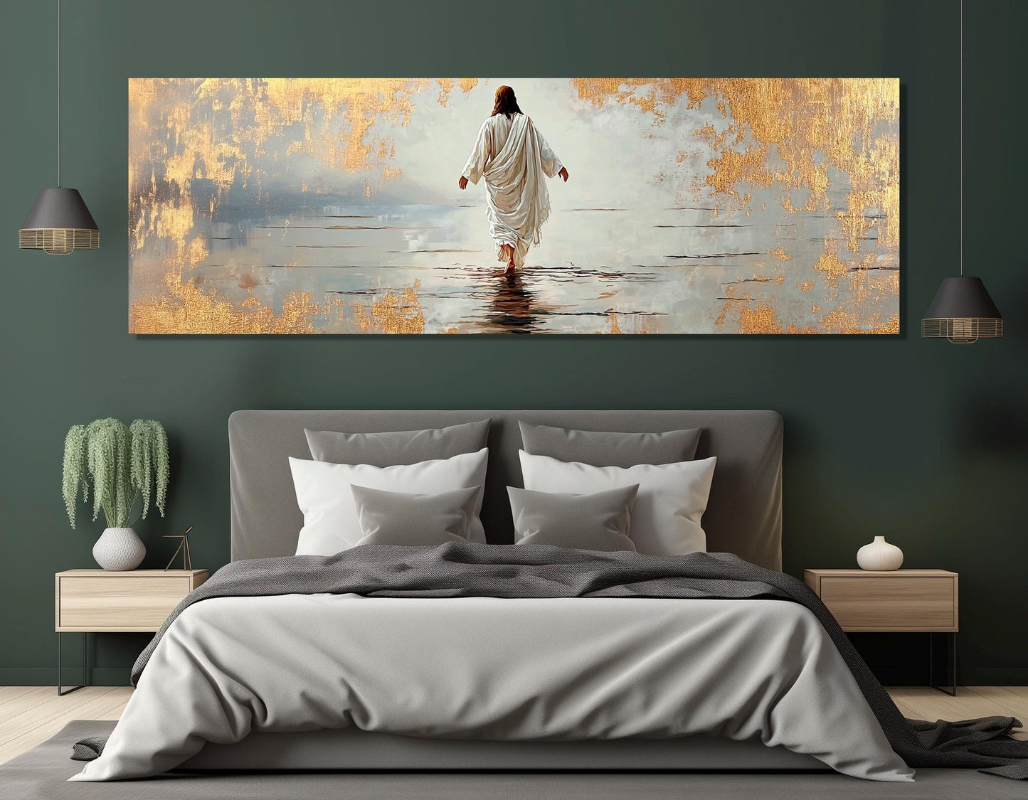 Jesus Walking on Water Religious Wall Art – Framed Canvas Print with Gold Leaf Accents
