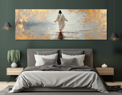 Jesus Walking on Water Religious Wall Art – Framed Canvas Print with Gold Leaf Accents