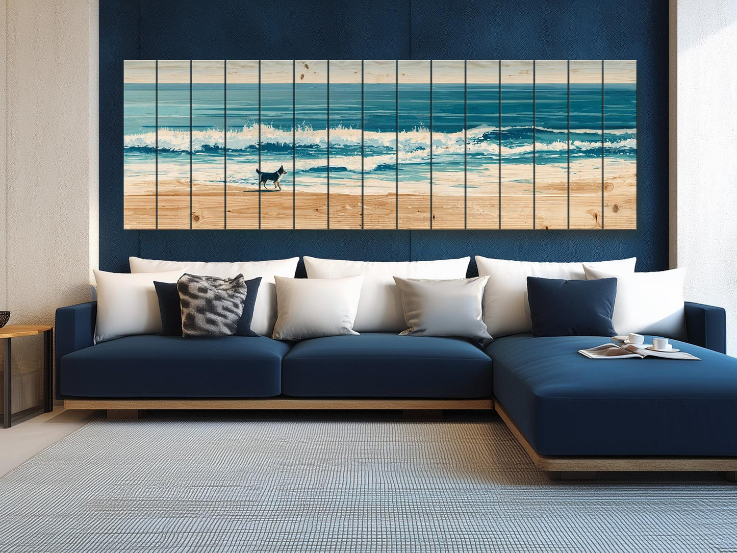 Coastal Beach Wall Art – Running Dog Print on Rustic Wood for Beach House Decor