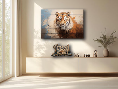Tiger Wood Wall Art – Natural Wood Print | Abstract Tiger Print Wooden Decor