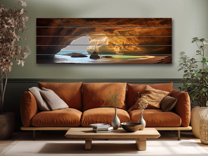 Benagil Cave Wall Art – Natural Wood  Print| Portugal Coastal Scene Print