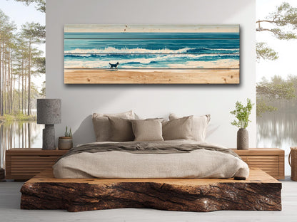 Coastal Beach Wall Art – Running Dog Print on Rustic Wood for Beach House Decor