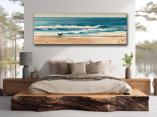 Coastal Beach Wall Art – Running Dog Print on Rustic Wood for Beach House Decor