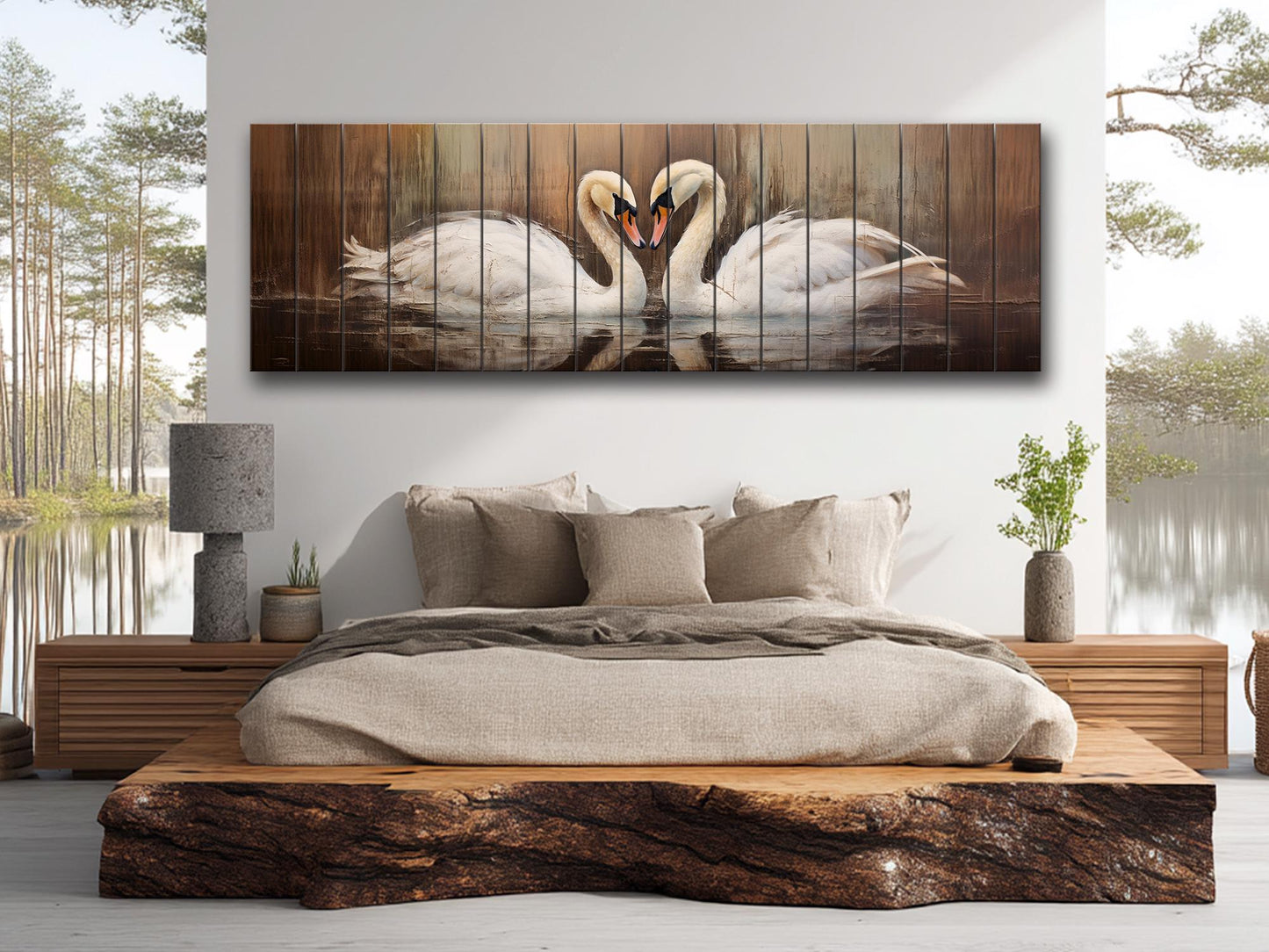 Rustic Swans Couple Forming a Heart Print on Natural Wood, Romantic Wall Art, Rustic Swans Painting, Swans Wall Art, Wood Wall Art