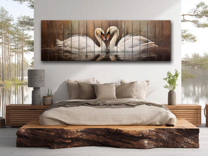 Rustic Swans Couple Forming a Heart Print on Natural Wood, Romantic Wall Art, Rustic Swans Painting, Swans Wall Art, Wood Wall Art