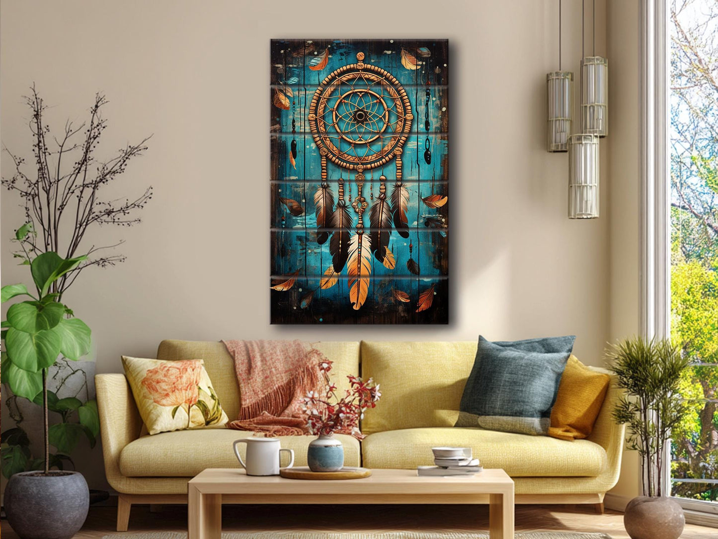 Dreamcatcher Wood Art – Boho Wall Decor on Natural Wood with Unique Grain