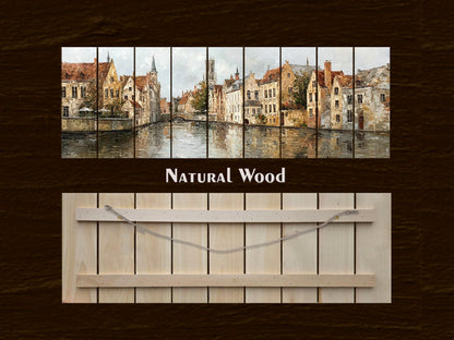 Bruges Canal Wood Print – Rustic Wall Art With Medieval Houses Painting & Beige Light