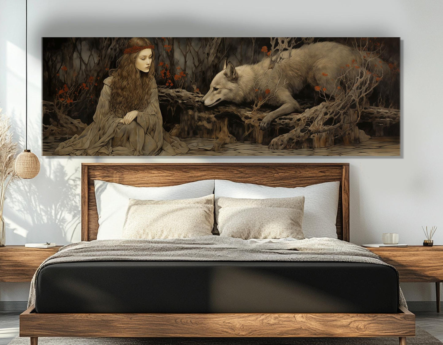 Woman and Wolf Painting Canvas Print, Fantasy Wall Art, Abstract Wolf Canvas Art, Lady and Wolf Poster, Framed and Ready to Hang