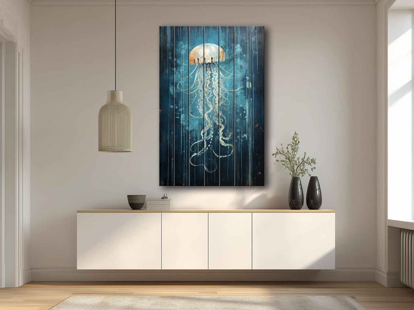 Rustic Wall Art – Natural Wood Jellyfish Print | Fade Resistant, Ready to Hang