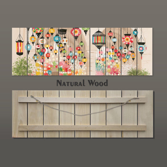 The image is a collage of various colorful lanterns hanging from wooden structures, creating a vibrant and festive atmosphere.