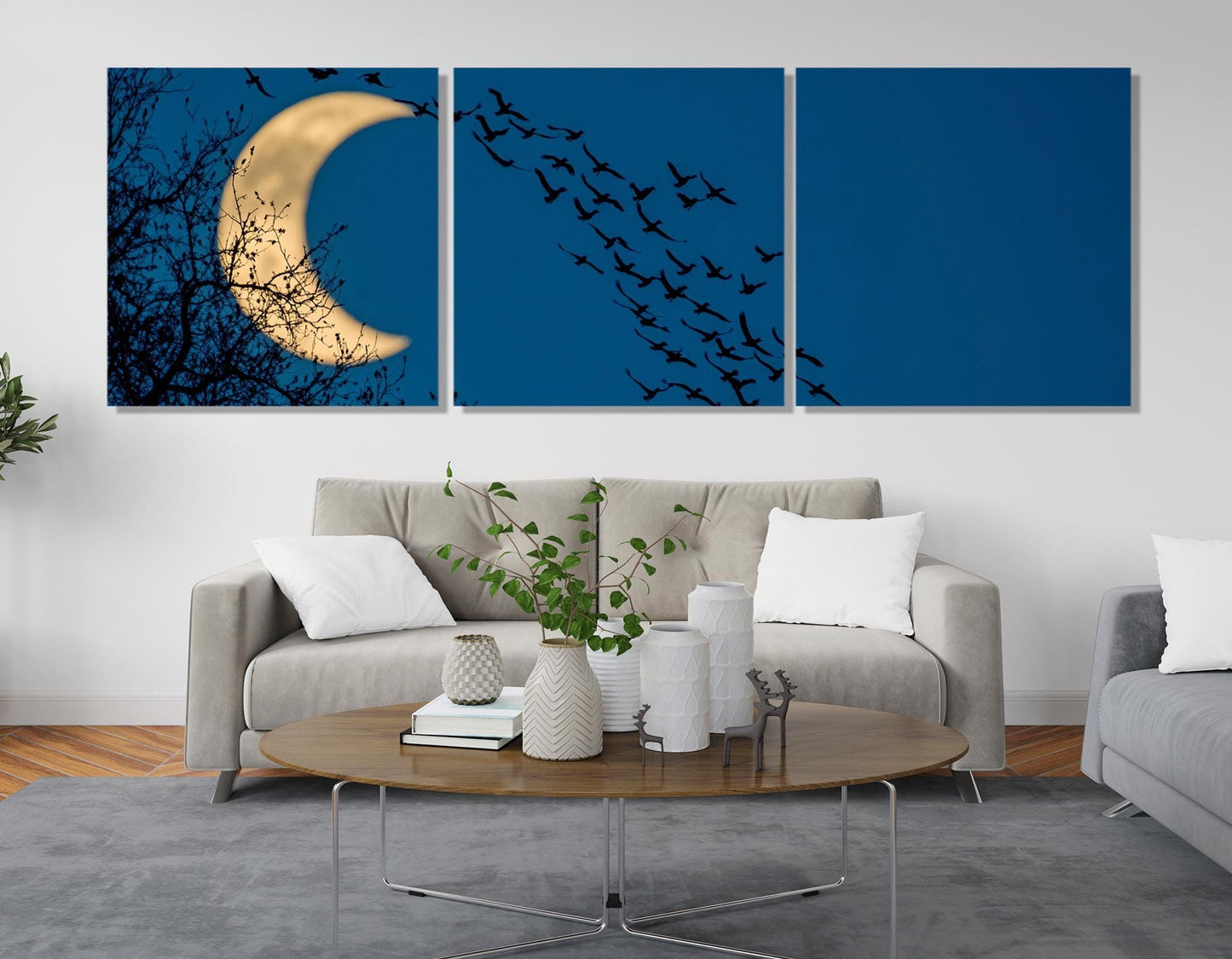 Abstract Night Sky Canvas – Framed Cotton Print with Crescent Moon Art & Birds