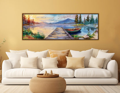 Lake Pier Canvas Print, Mountain Lake and Fishing Boat Painting, Framed & Ready to Hang