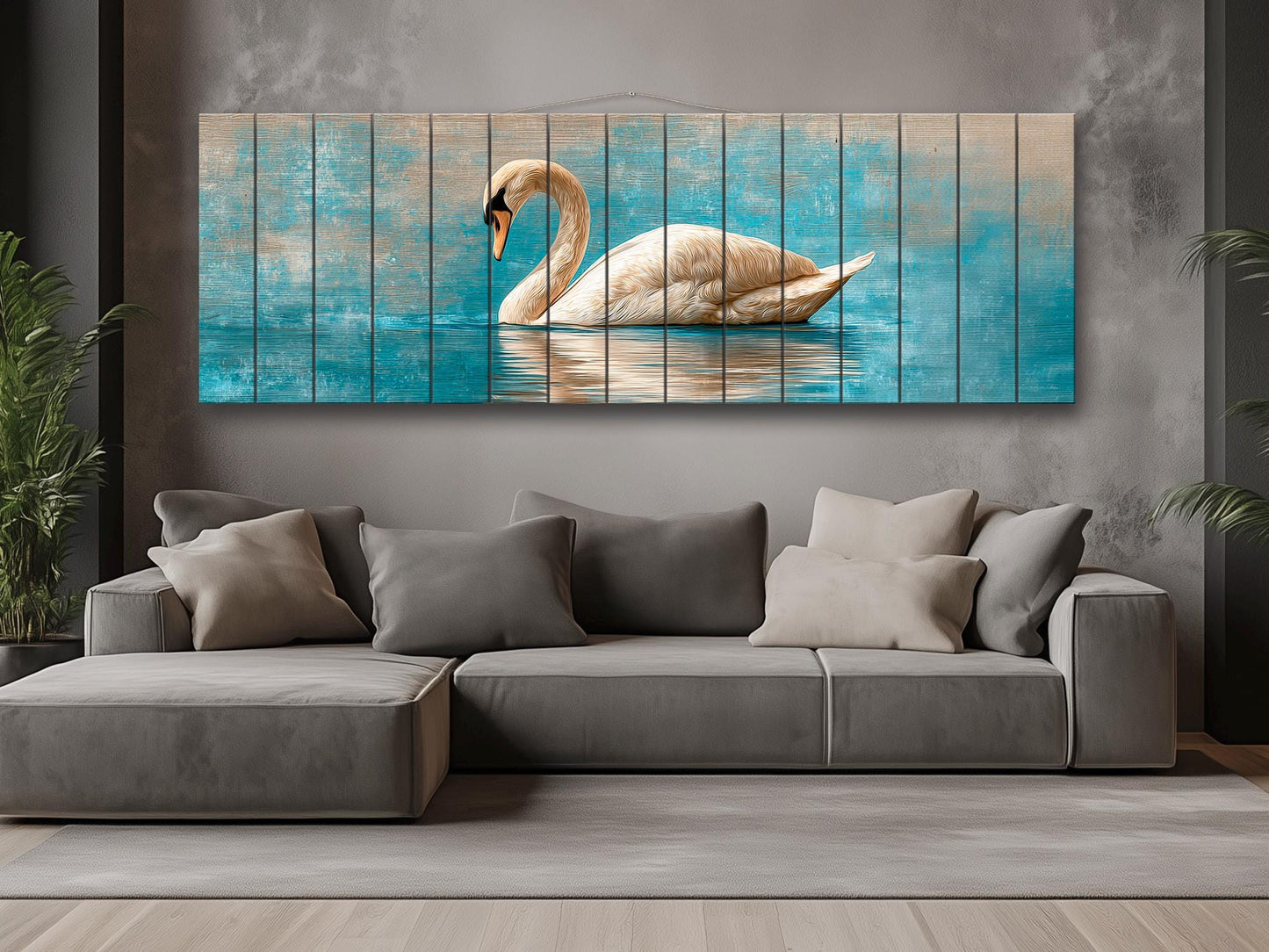 Swan Print Wood - Elegant Wildlife Wall Art | Rustic Farmhouse Beige Blue Painting