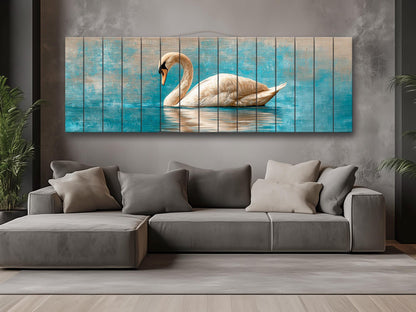 Swan Print Wood - Elegant Wildlife Wall Art | Rustic Farmhouse Beige Blue Painting