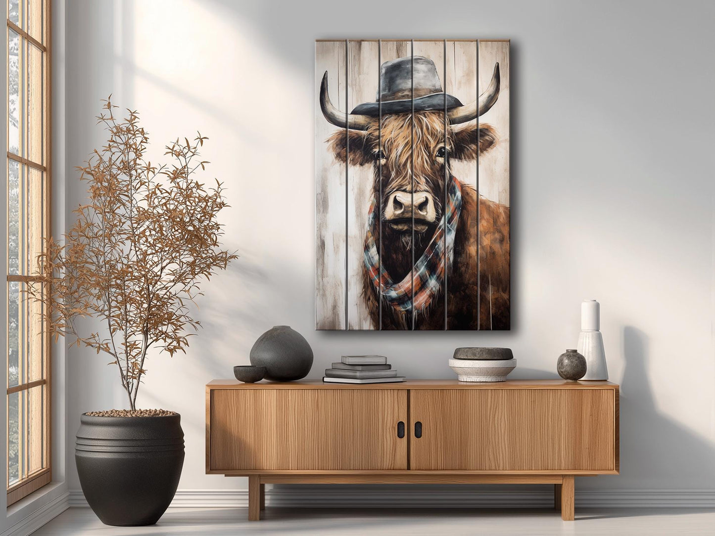Rustic Wood Wall Art – Highland Cow Artwork on Natural Wood Planks | Farmhouse Wall Decor