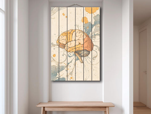 Rustic Wood Wall Art – Abstract Mind Print on Natural Wood Texture | Therapist Office Decor