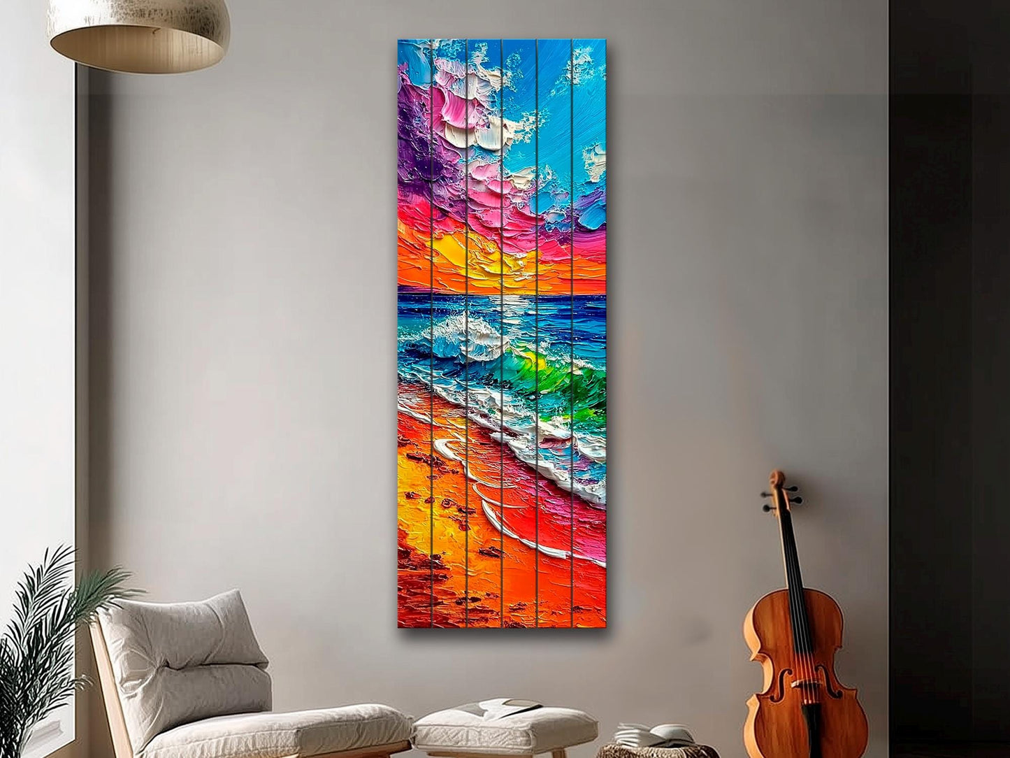 Vibrant Beach Scene Print on Wood, Colorful Coastal Painting, Summer Wall Art