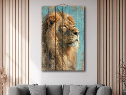 Wood Wall Art – Majestic Lion Wood Print | Rustic Wildlife Wall Decor